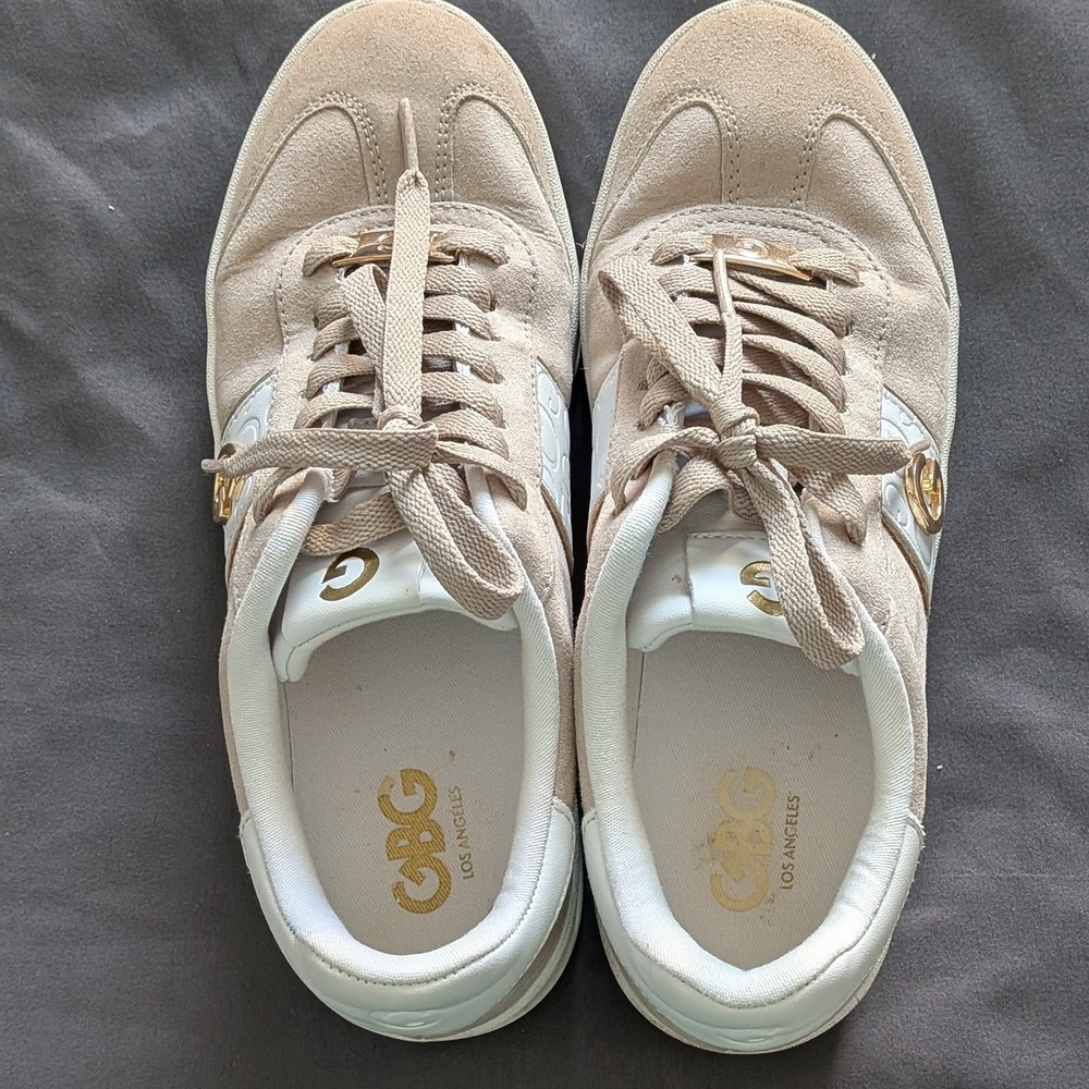 G by Guess Beige Suede Lace-Up Sneakers with Gold Accents